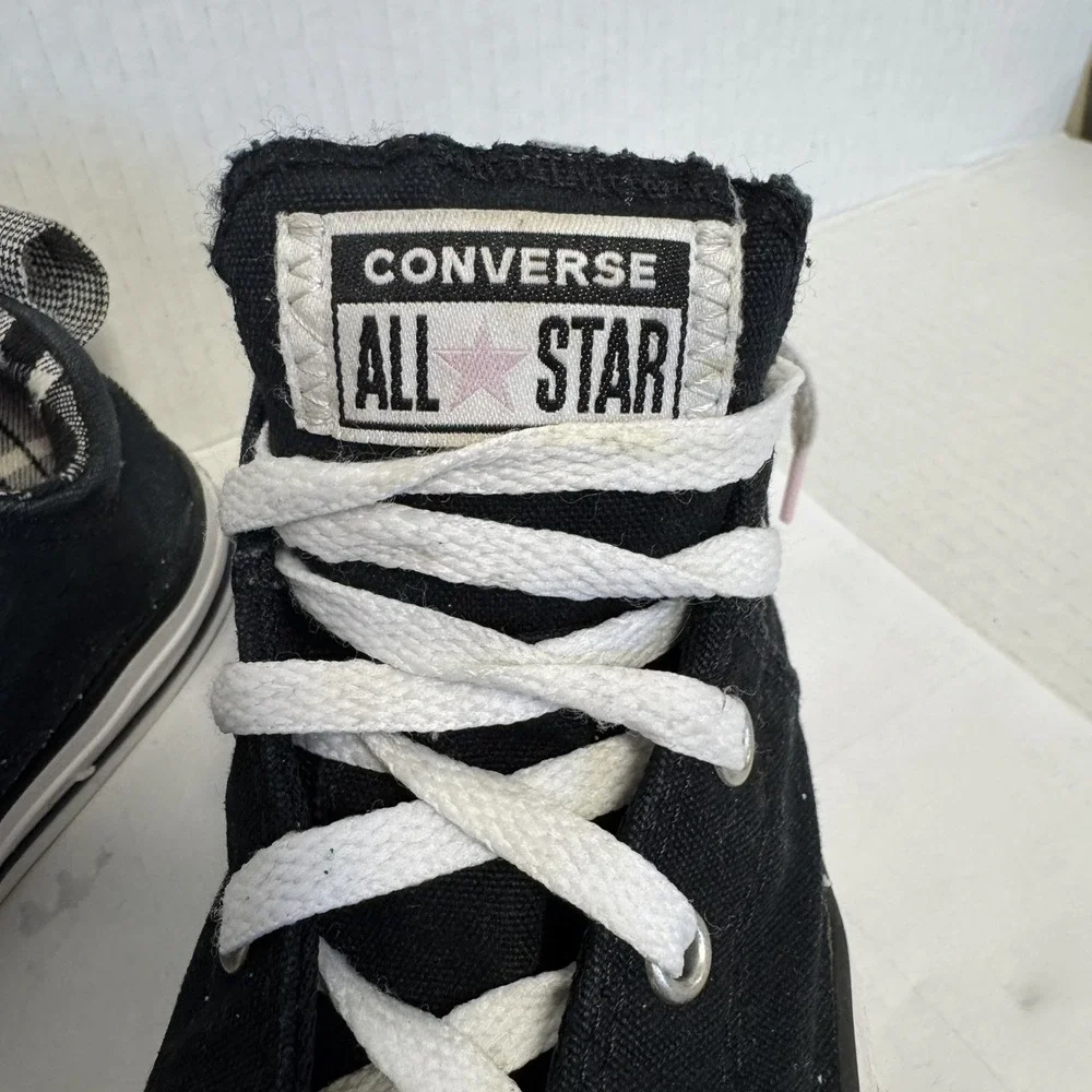 Youth Converse All Star Black With‎ Pink Plaid Trim Sneaker 3 US